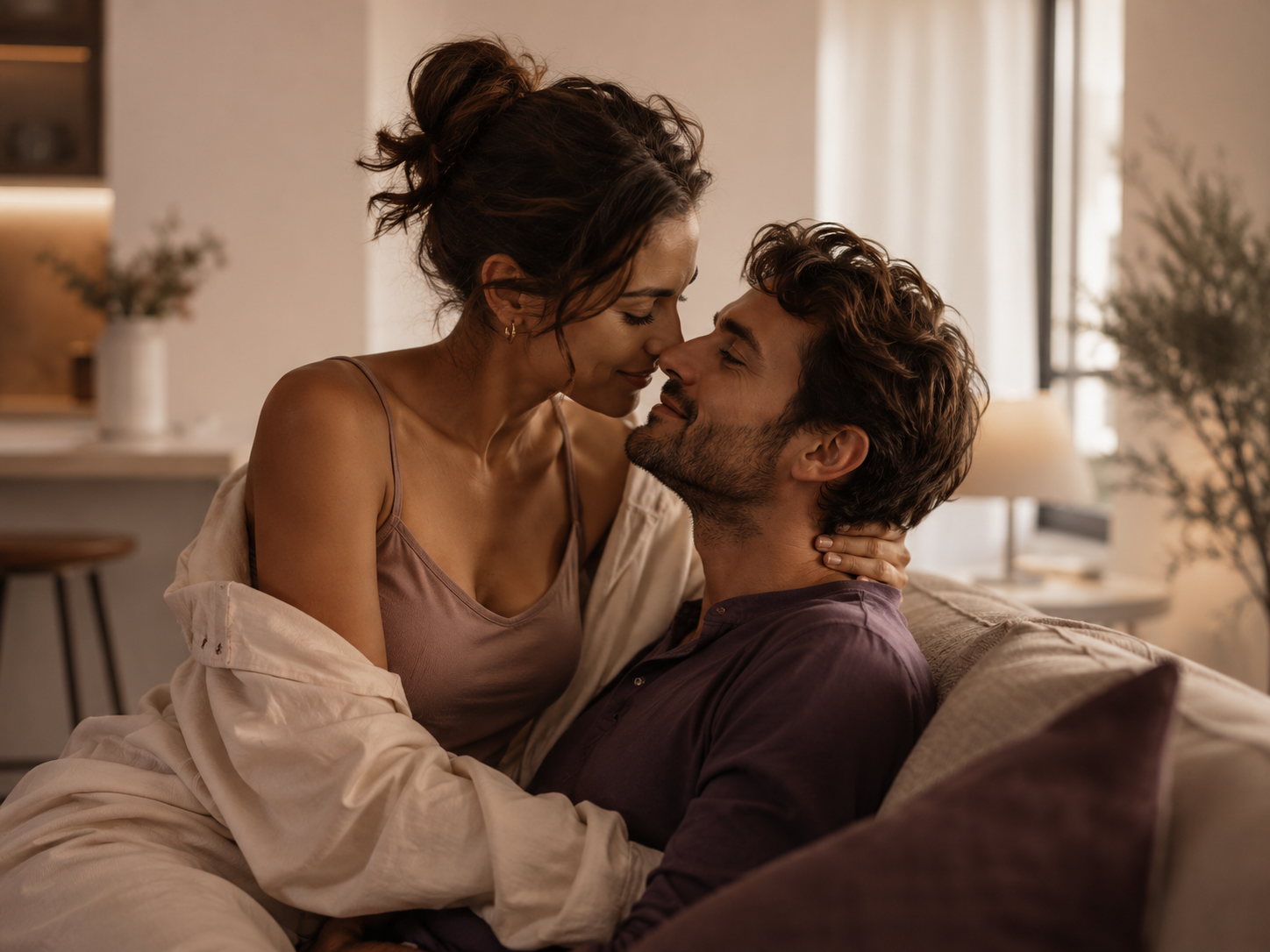 A couple holding each other close in a tender, intimate moment