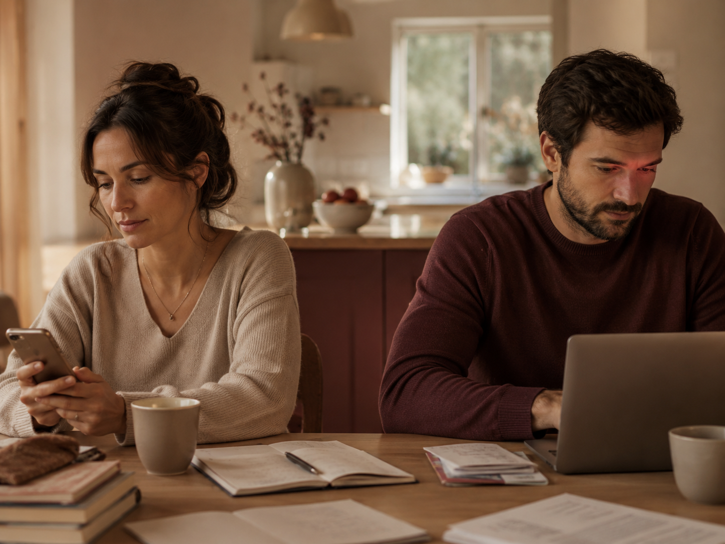 A couple at a table, distracted by phones and daily life